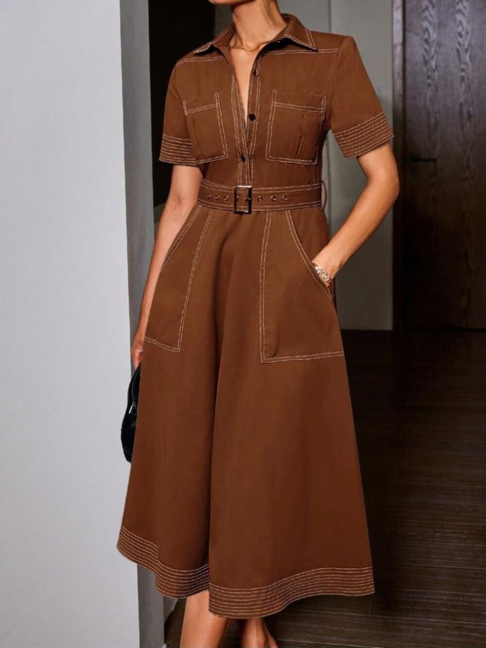 36- NEW Vintage  Inspired Brown Midi‎ Shirt Dress | Collared Button Front Belted